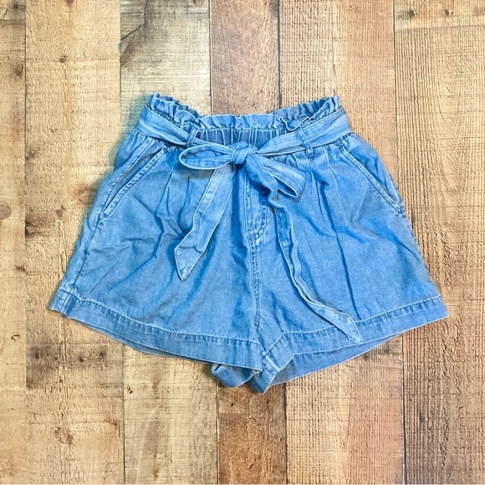 American Eagle Womens Paperbag Waist Denim Shorts Blue High‎ Rise Tie Belt Small